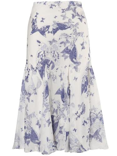 Ivory & Navy Butterfly Print Silk Skirt