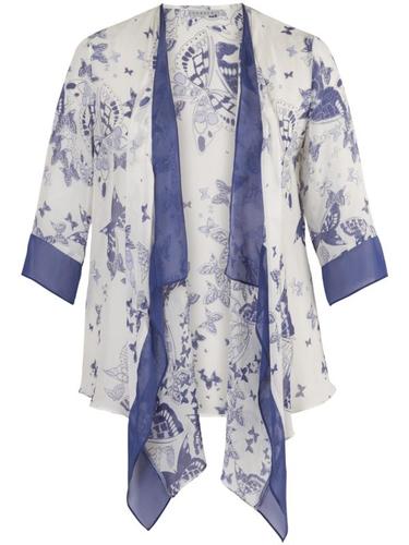 Ivory & Navy Butterfly Print Navy Trim Shrug